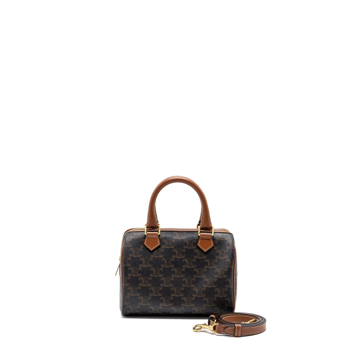 Celine Bags? Celine Small Boston Bag Triomphe Canvas Leather Brown GHW Elegant Everyday Designer Handbag