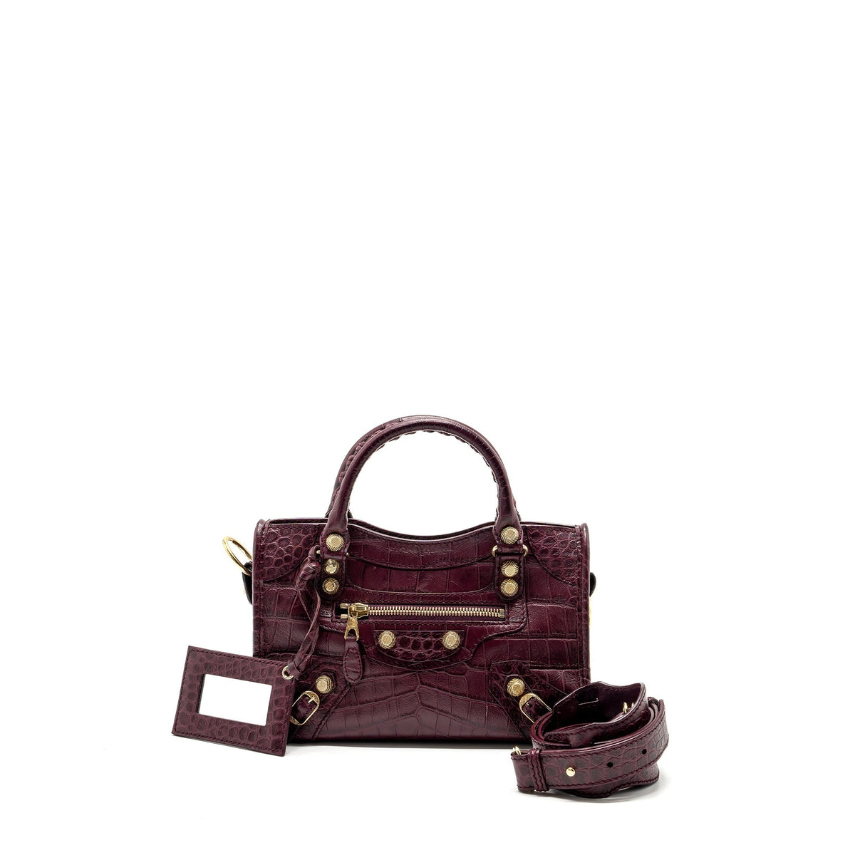 Balenciaga mini city bag croc embossed calfskin burgundy GHW — Designer Leather Handbag