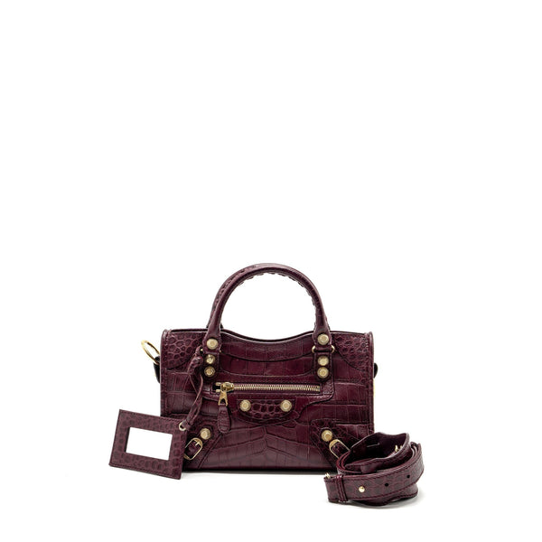 Balenciaga mini city bag croc embossed calfskin burgundy GHW — Designer Leather Handbag