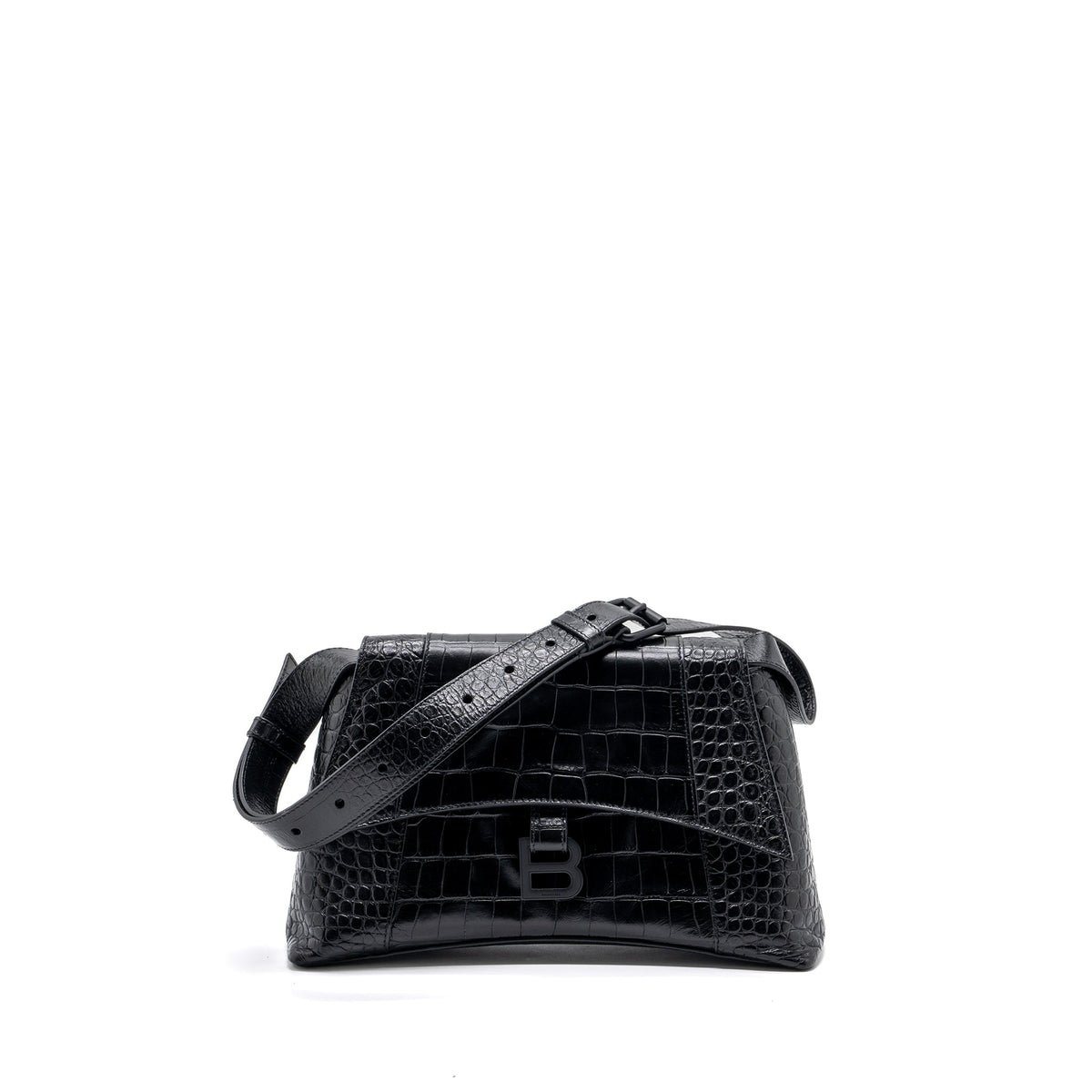 Balenciaga Downtown Small Shoudler Bag Crocodile Embossed Black with Black Hardware | Designer Shoulder Bag