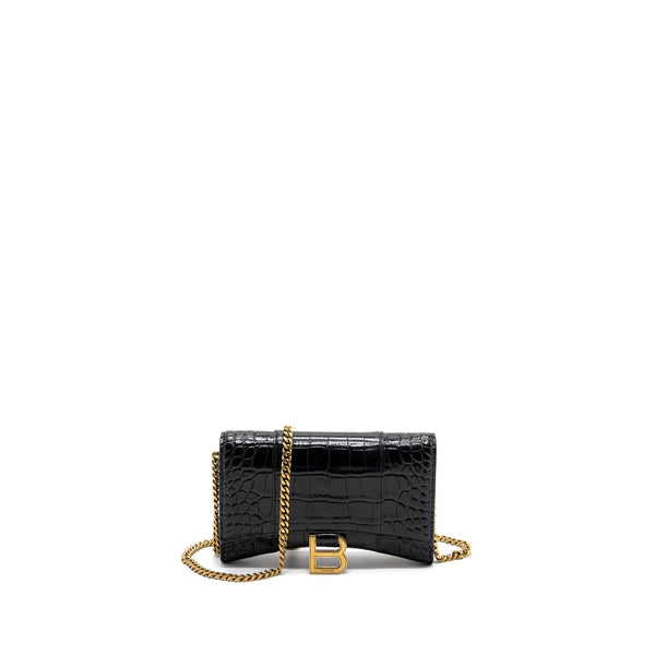 Balenciaga Hourglass Wallet On Chain Croc Embossed Calfskin Black GHW — Designer Chain Bag