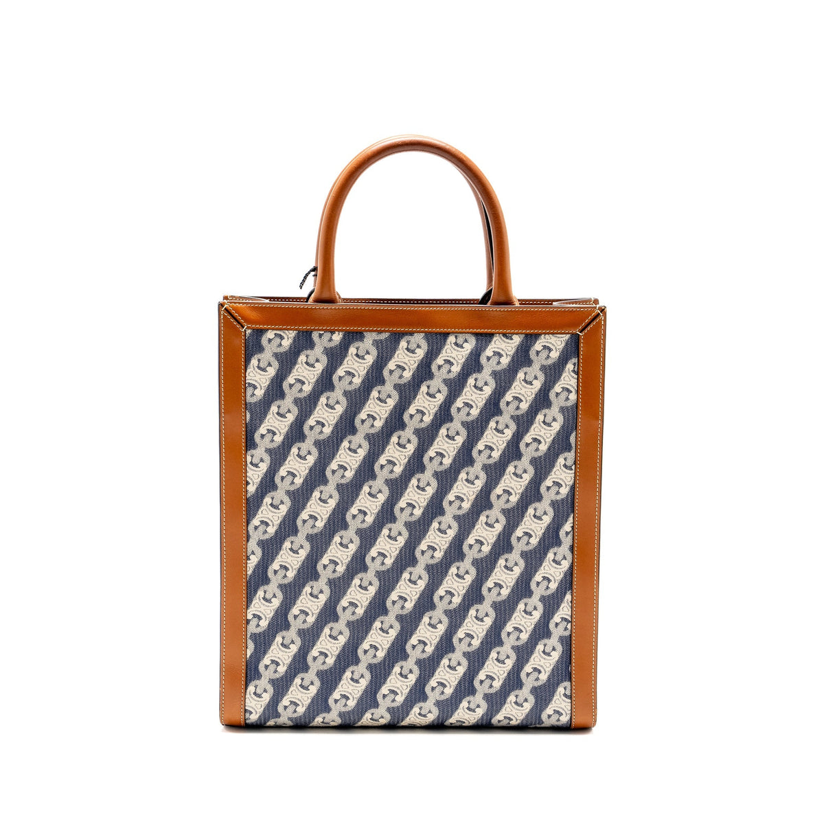 Celine Bags? Celine Vertical Cabas Tote in Triomphe Denim Leather Navy Tan GHW Premium Designer Shoulder Bag