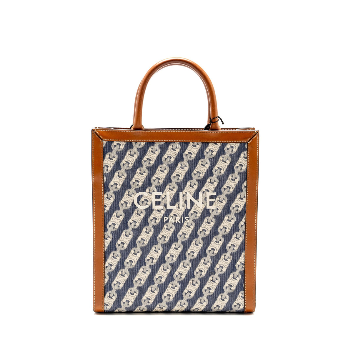 Celine Bags? Celine Vertical Cabas Tote in Triomphe Denim Leather Navy Tan GHW Premium Designer Shoulder Bag