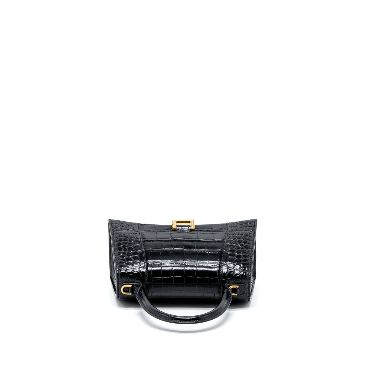 Balenciaga Hourglass Small Handbag Croc Embossed Calfskin Black GHW | Designer Top Handle Bag