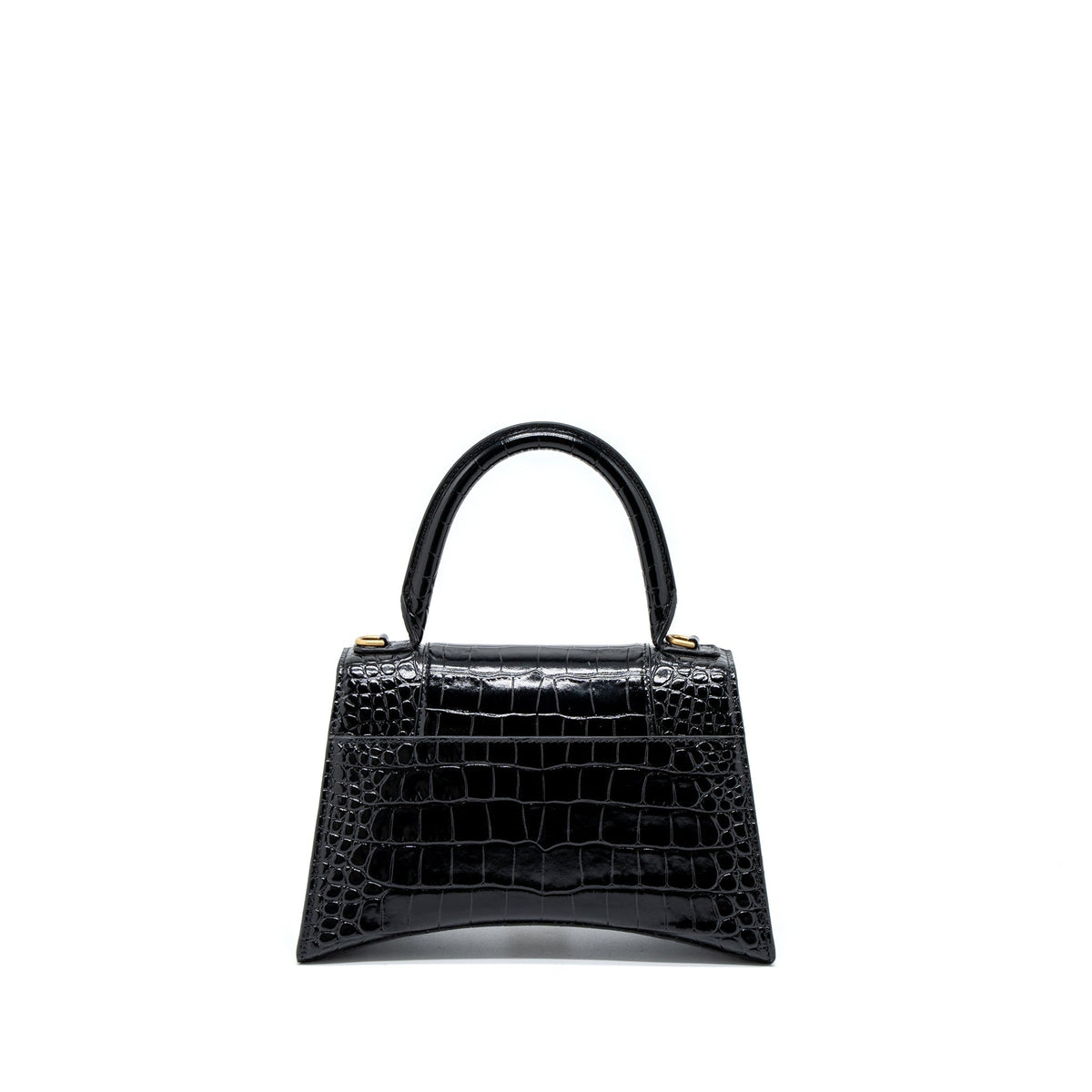 Balenciaga Hourglass Small Handbag Croc Embossed Calfskin Black GHW | Designer Top Handle Bag
