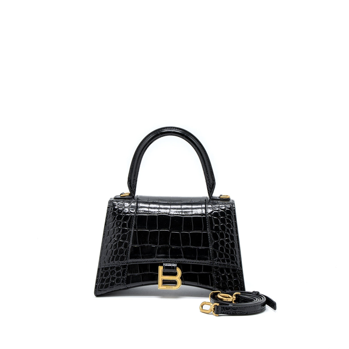 Balenciaga Hourglass Small Handbag Croc Embossed Calfskin Black GHW | Designer Top Handle Bag