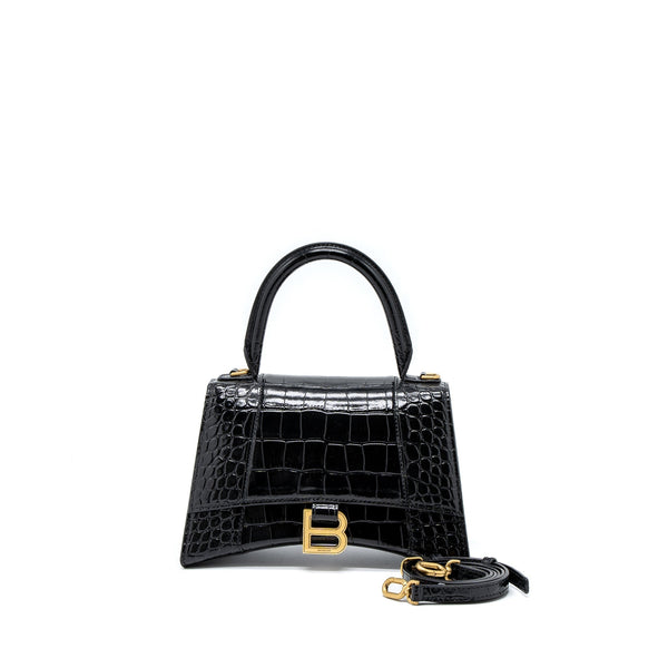 Balenciaga Hourglass Small Handbag Croc Embossed Calfskin Black GHW | Designer Top Handle Bag