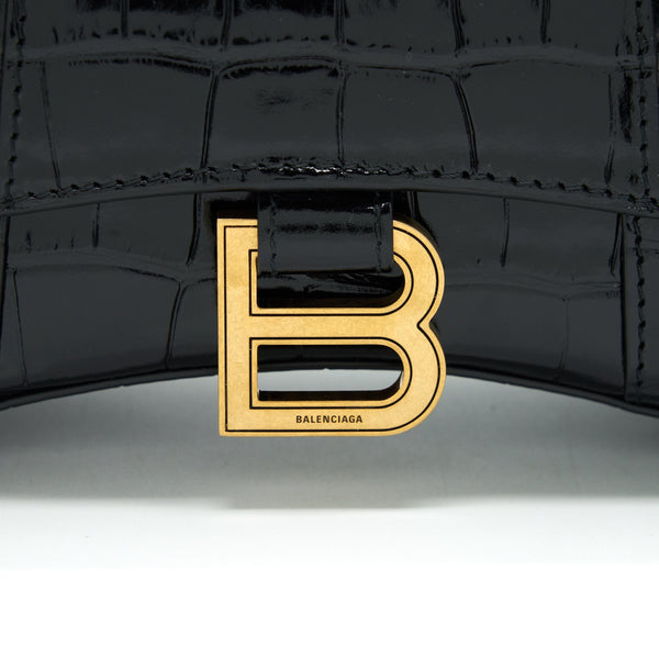 Balenciaga Hourglass XS Embossed calfksin black GHW | Designer Top Handle Bag