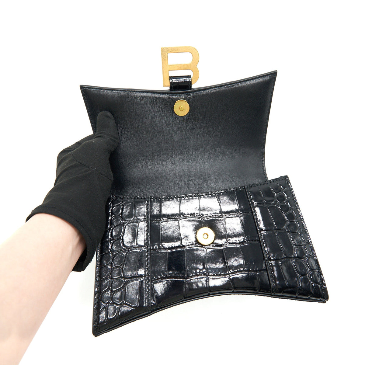 Balenciaga Hourglass XS Embossed calfksin black GHW | Designer Top Handle Bag
