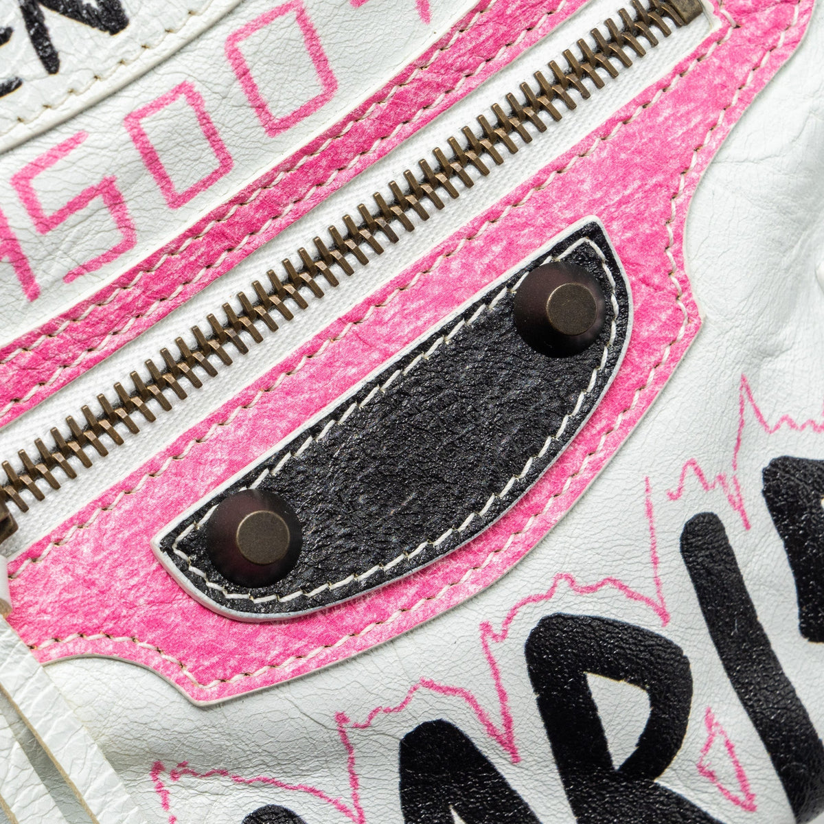 Balenciaga City Graffiti Classic Studs bag leather white / pink/ black with black hardware | Designer Luxury Handbag