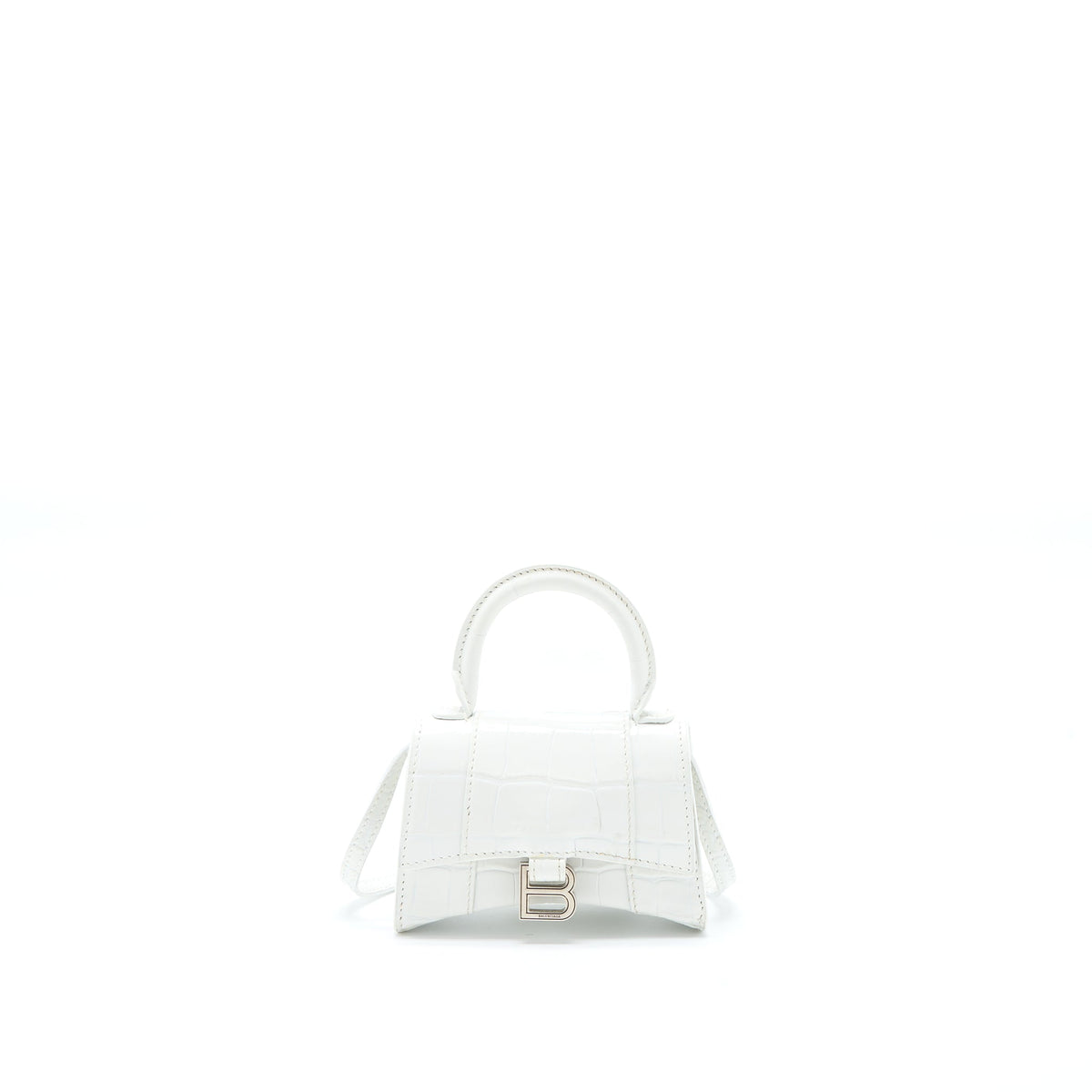Balenciaga Mini Hourglass Bag Croc Embossed Calfskin White SHW — Designer Top Handle Bag