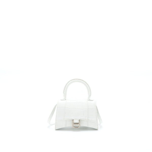 Balenciaga Mini Hourglass Bag Croc Embossed Calfskin White SHW — Designer Top Handle Bag