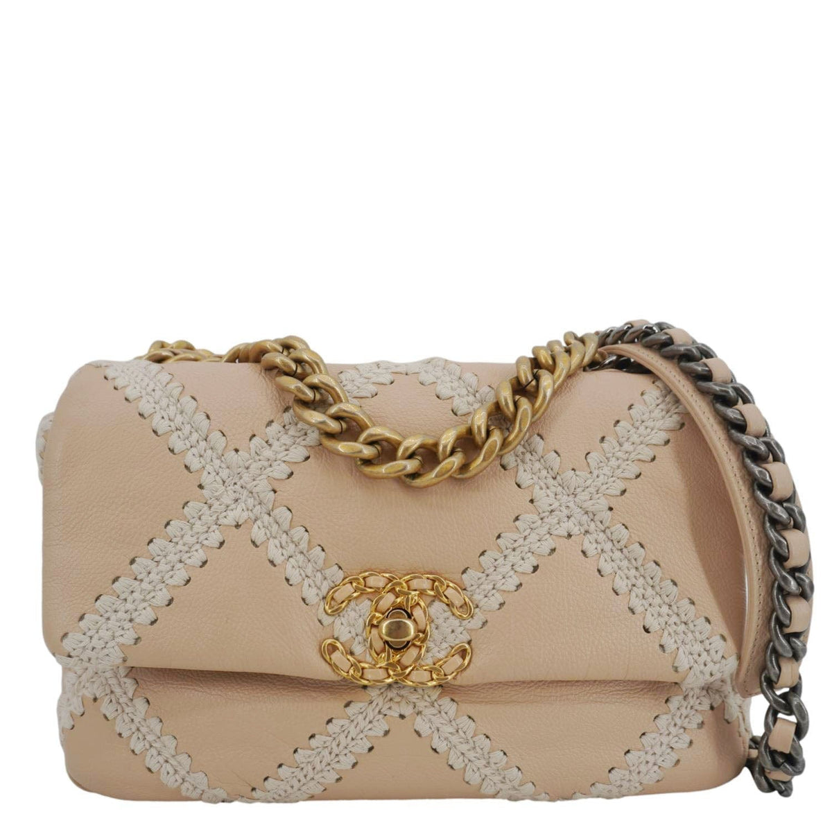 Chanel Bags Chanel 19 Flap Medium Calfskin Crochet Shoulder Bag Beige Premium Designer Shoulder Bag
