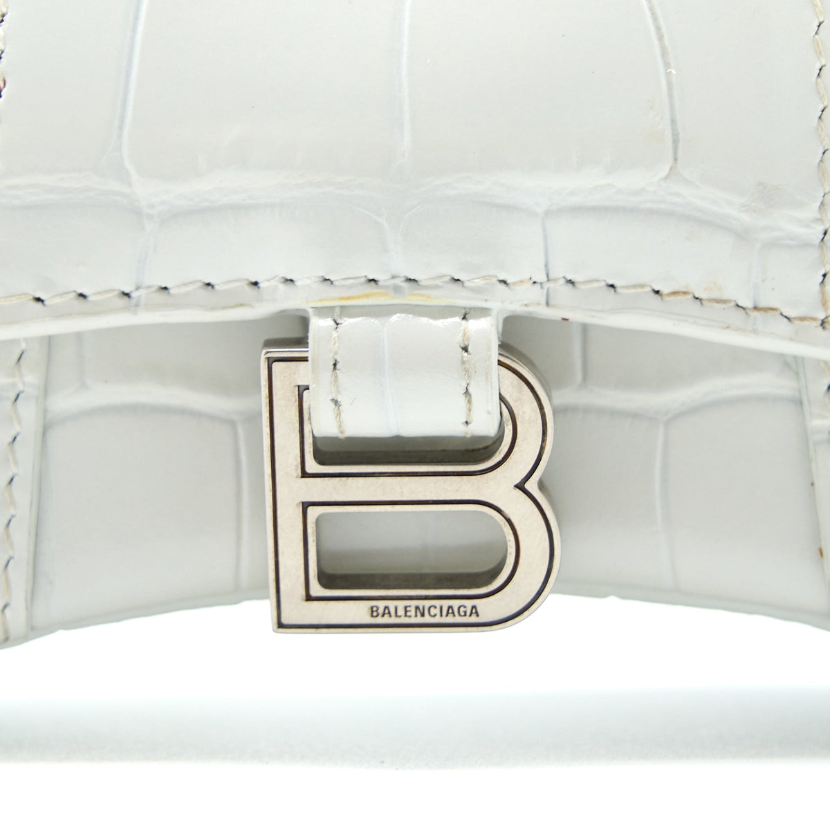 Balenciaga Mini Hourglass Bag Croc Embossed Calfskin White SHW — Designer Top Handle Bag