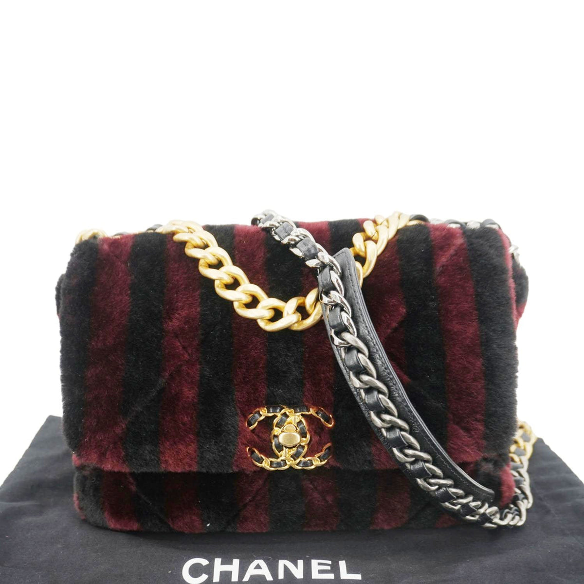 Chanel Bags Chanel 19 Flap Medium Striped Shearling Shoulder Bag Black Luxury Designer Leather Handbag
