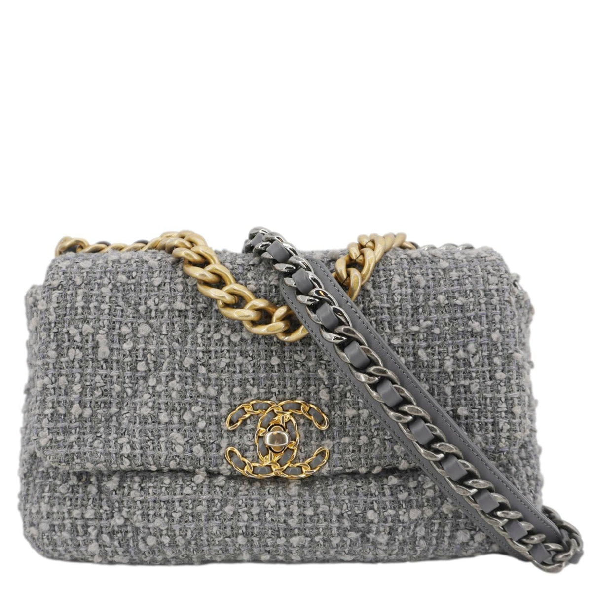 Chanel Bags Chanel 19 Flap Medium Quilted Tweed Shoulder Bag Gray Premium Designer Shoulder Bag