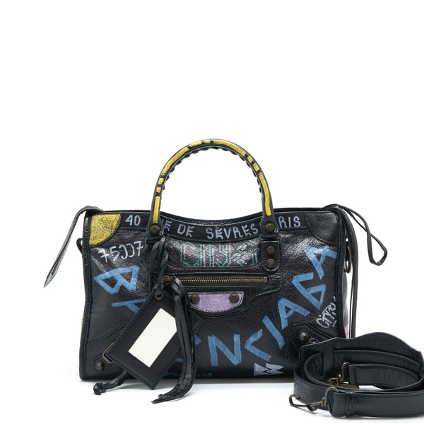 Balenciaga City Bag Black With Multicolour Graffiti Ruthenium Hardware — Designer Leather Handbag