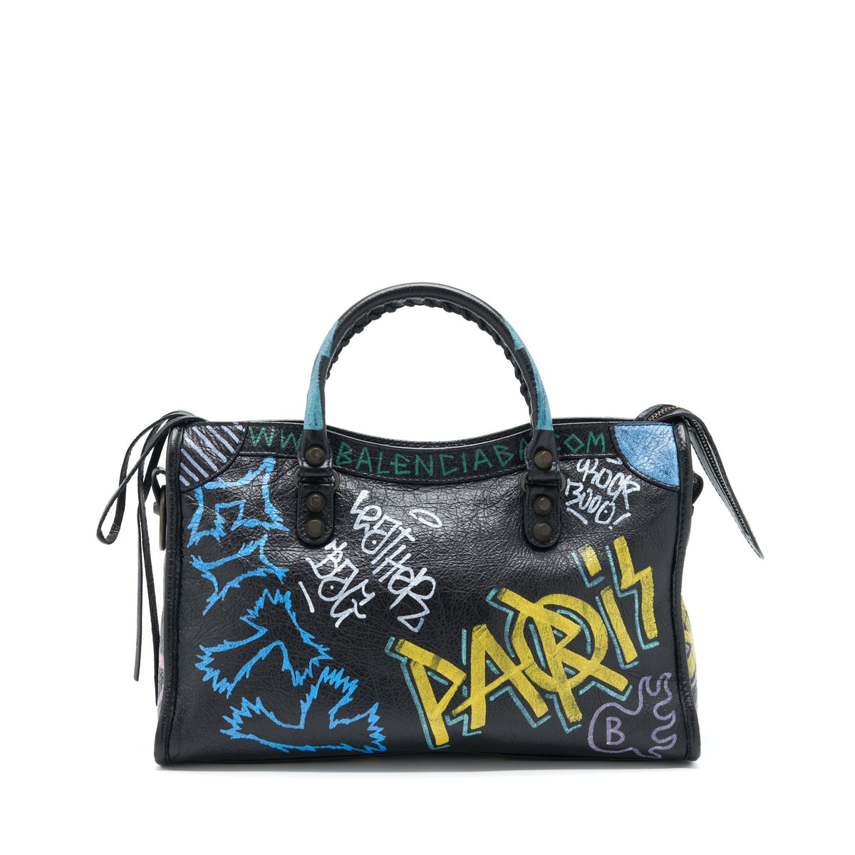 Balenciaga City Bag Black With Multicolour Graffiti Ruthenium Hardware — Designer Leather Handbag