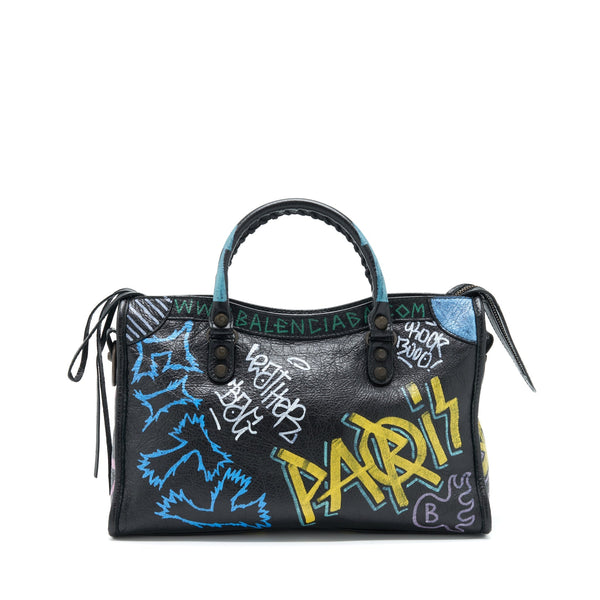 Balenciaga City Bag Black With Multicolour Graffiti Ruthenium Hardware — Designer Leather Handbag