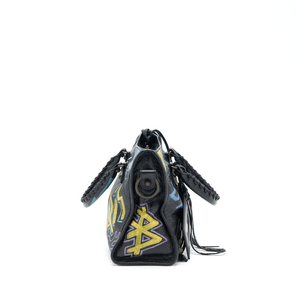 Balenciaga City Bag Black With Multicolour Graffiti Ruthenium Hardware — Designer Leather Handbag