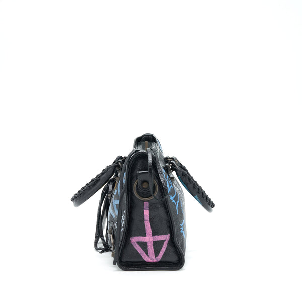 Balenciaga City Bag Black With Multicolour Graffiti Ruthenium Hardware — Designer Leather Handbag