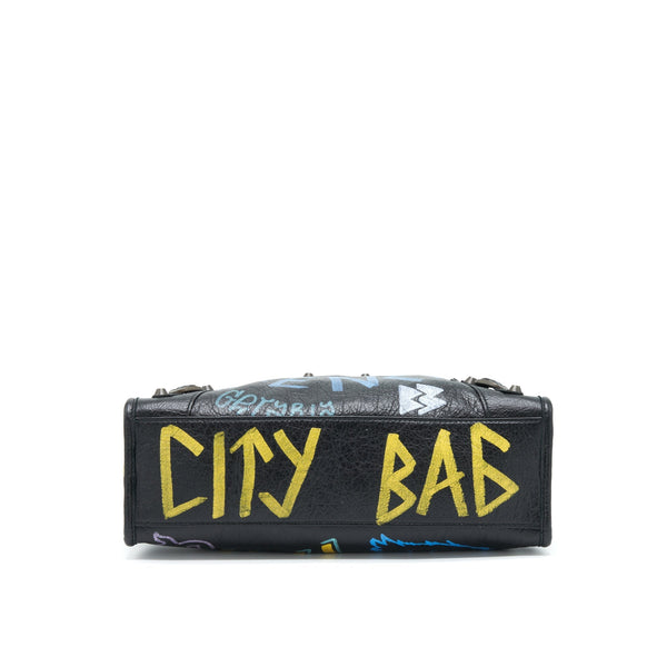 Balenciaga City Bag Black With Multicolour Graffiti Ruthenium Hardware — Designer Leather Handbag