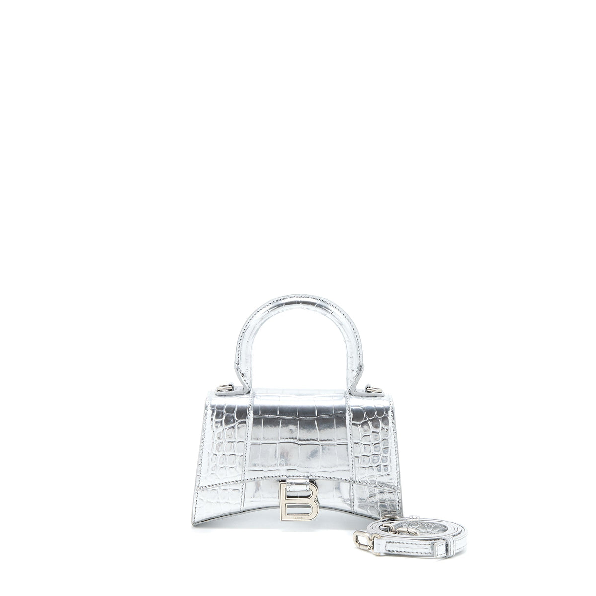 Balenciaga Hourglass XS Embossed Calfskin Silver SHW | Designer Top Handle Bag