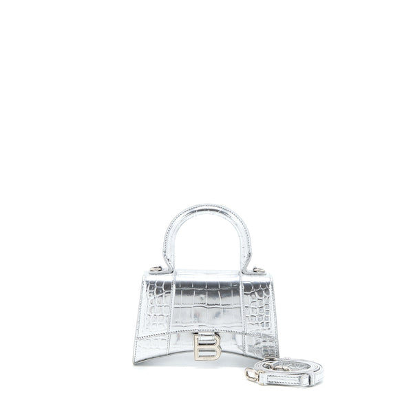 Balenciaga Hourglass XS Embossed Calfskin Silver SHW | Designer Top Handle Bag