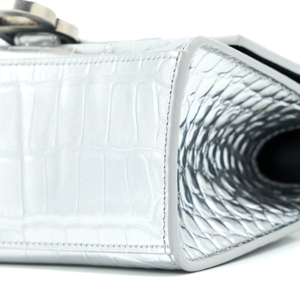 Balenciaga Hourglass XS Embossed Calfskin Silver SHW | Designer Top Handle Bag