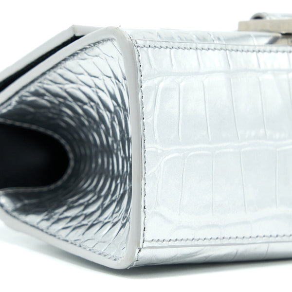 Balenciaga Hourglass XS Embossed Calfskin Silver SHW | Designer Top Handle Bag