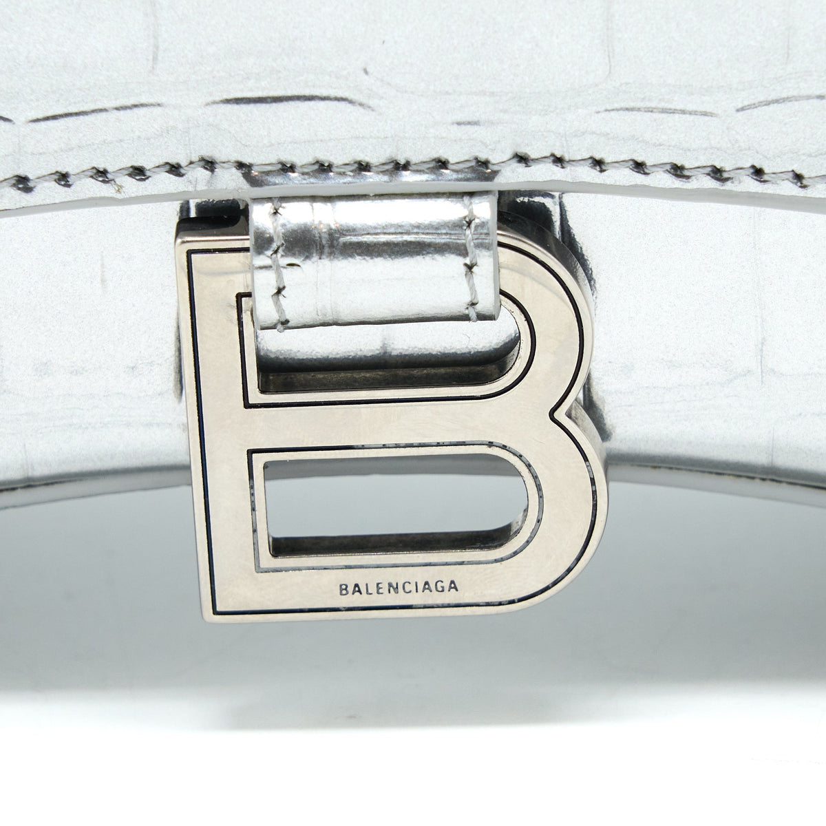 Balenciaga Hourglass XS Embossed Calfskin Silver SHW | Designer Top Handle Bag