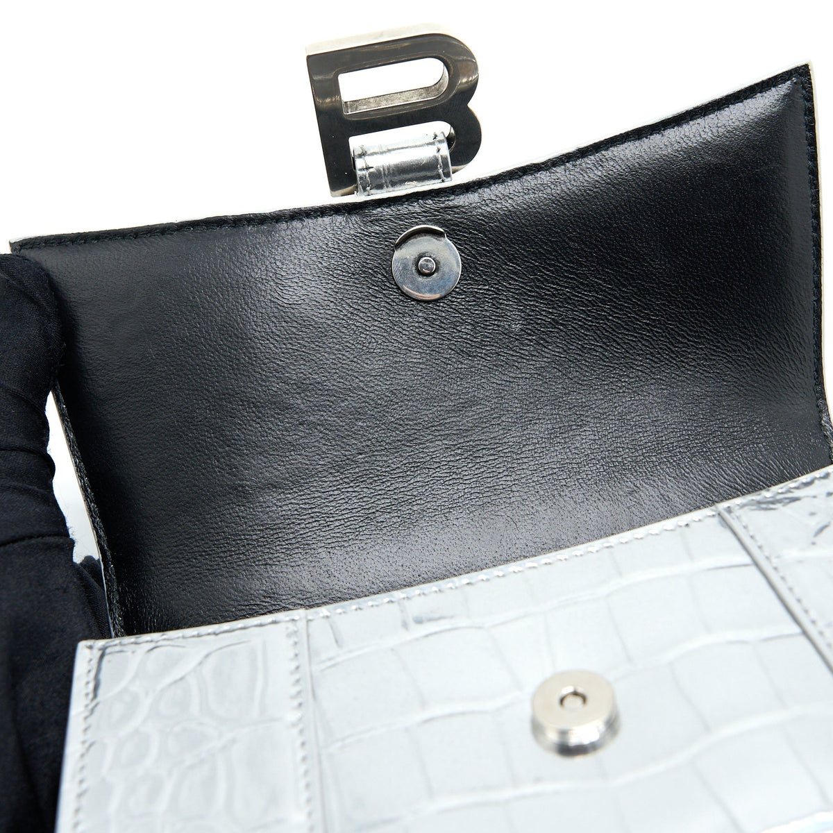 Balenciaga Hourglass XS Embossed Calfskin Silver SHW | Designer Top Handle Bag