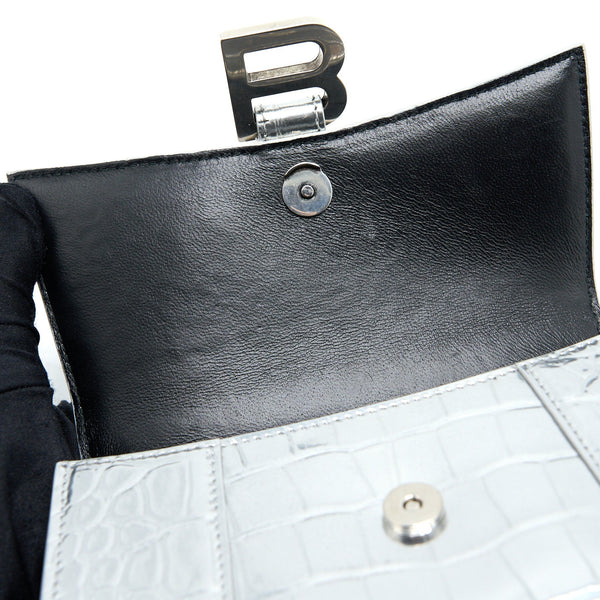 Balenciaga Hourglass XS Embossed Calfskin Silver SHW | Designer Top Handle Bag