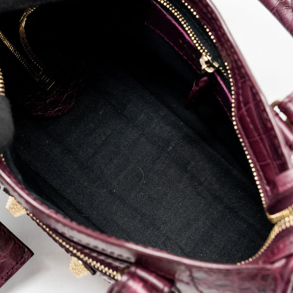 Balenciaga mini city bag croc embossed calfskin burgundy GHW — Designer Leather Handbag