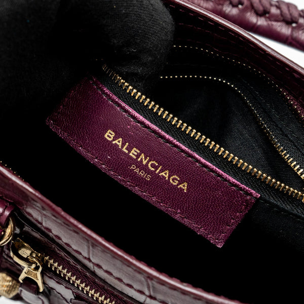Balenciaga mini city bag croc embossed calfskin burgundy GHW — Designer Leather Handbag