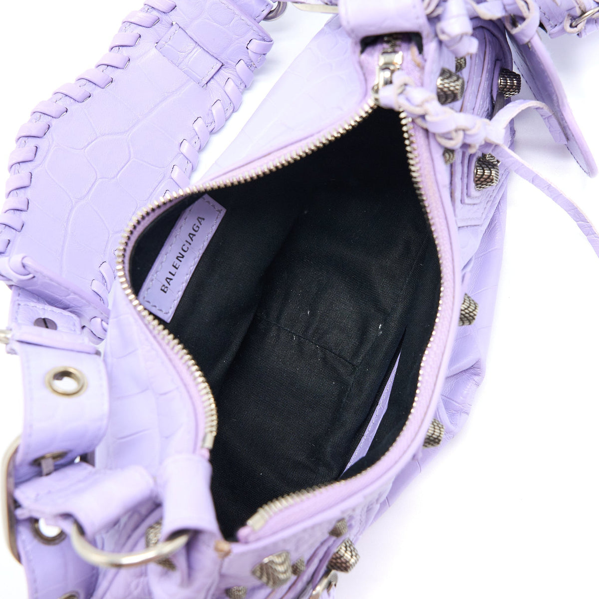Balenciaga Le Cagole XS Shoulder Bag Croc Embossed Calfskin Light Purple SHW | Studded Leather Shoulder Bag