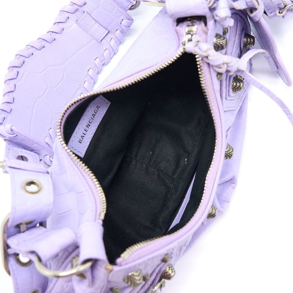 Balenciaga Le Cagole XS Shoulder Bag Croc Embossed Calfskin Light Purple SHW | Studded Leather Shoulder Bag