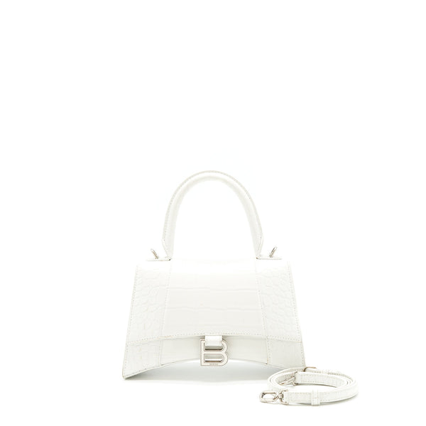 Balenciaga Hourglass S Croc embossed Calfskin White SHW | Designer Top Handle Bag