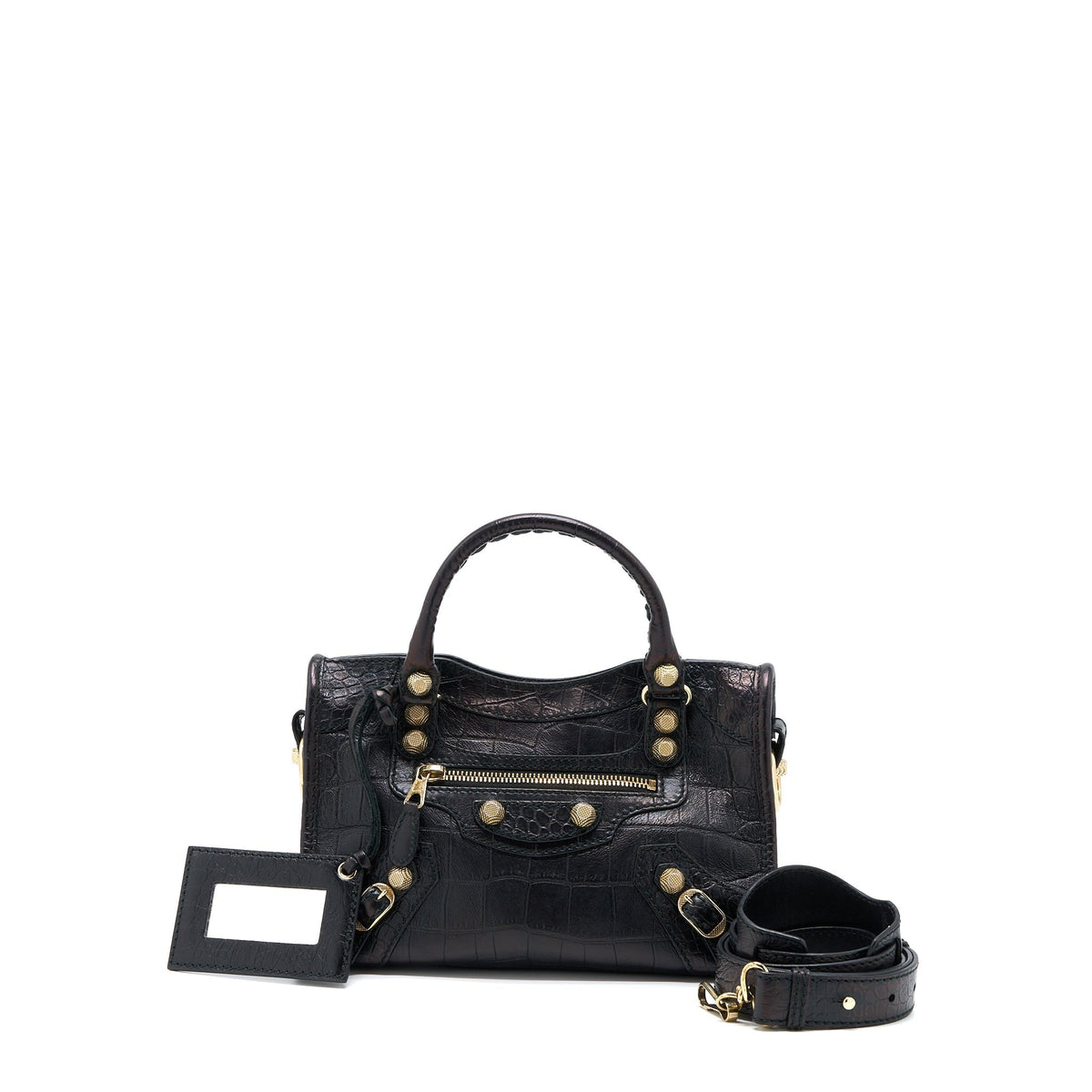 Balenciaga Mini City Croc-Embossed Calfskin Black GHW | Designer Leather Handbag