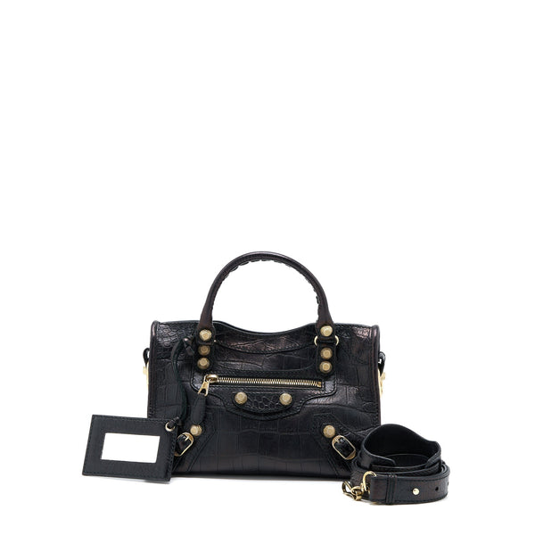 Balenciaga Mini City Croc-Embossed Calfskin Black GHW | Designer Leather Handbag