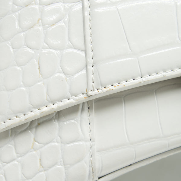 Balenciaga Hourglass S Croc embossed Calfskin White SHW | Designer Top Handle Bag