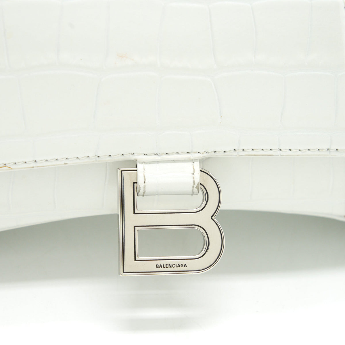 Balenciaga Hourglass S Croc embossed Calfskin White SHW | Designer Top Handle Bag