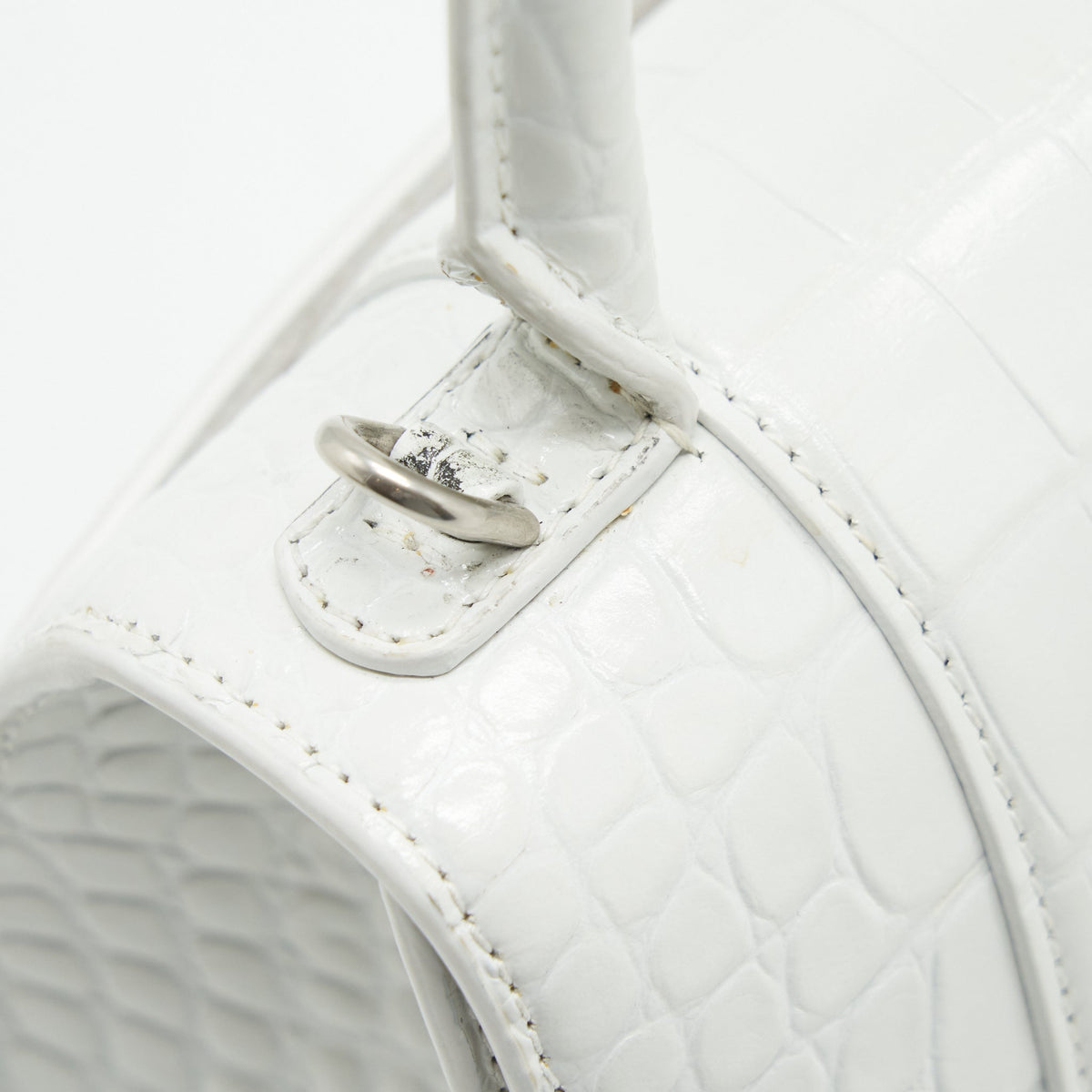 Balenciaga Hourglass S Croc embossed Calfskin White SHW | Designer Top Handle Bag