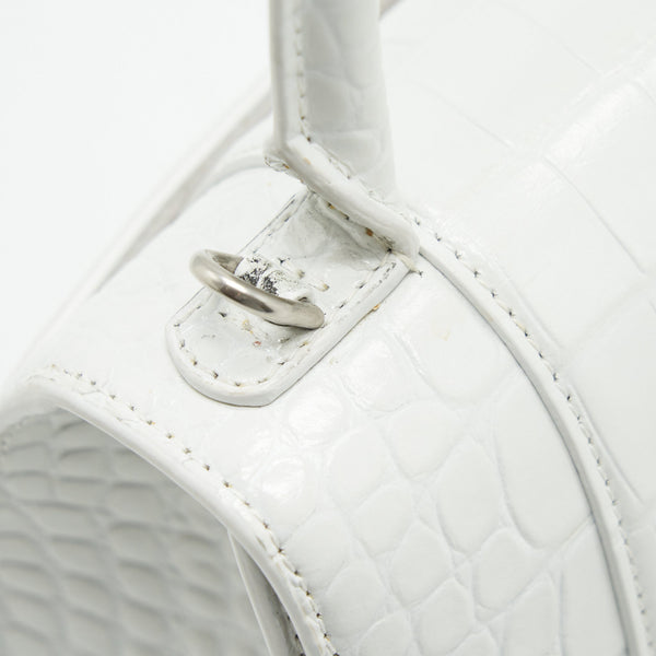 Balenciaga Hourglass S Croc embossed Calfskin White SHW | Designer Top Handle Bag