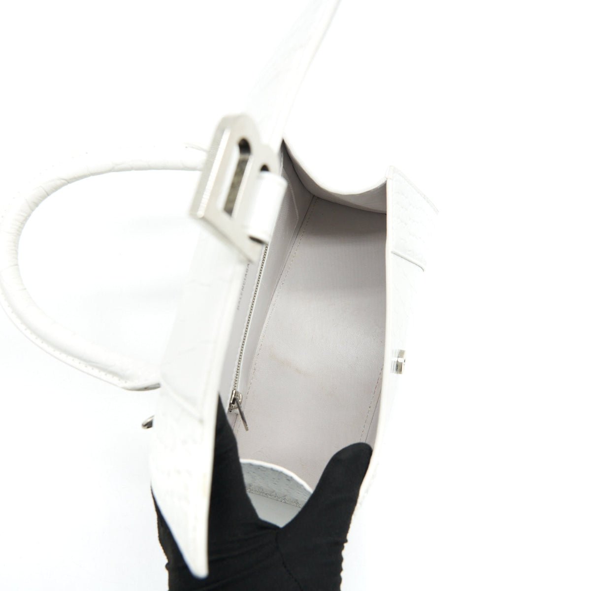 Balenciaga Hourglass S Croc embossed Calfskin White SHW | Designer Top Handle Bag
