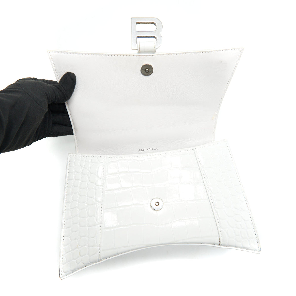 Balenciaga Hourglass S Croc embossed Calfskin White SHW | Designer Top Handle Bag