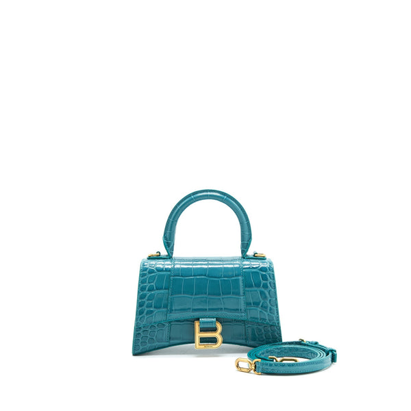 Balenciaga Hourglass XS Croc-Effect Leather Blue | Designer Top Handle Bag