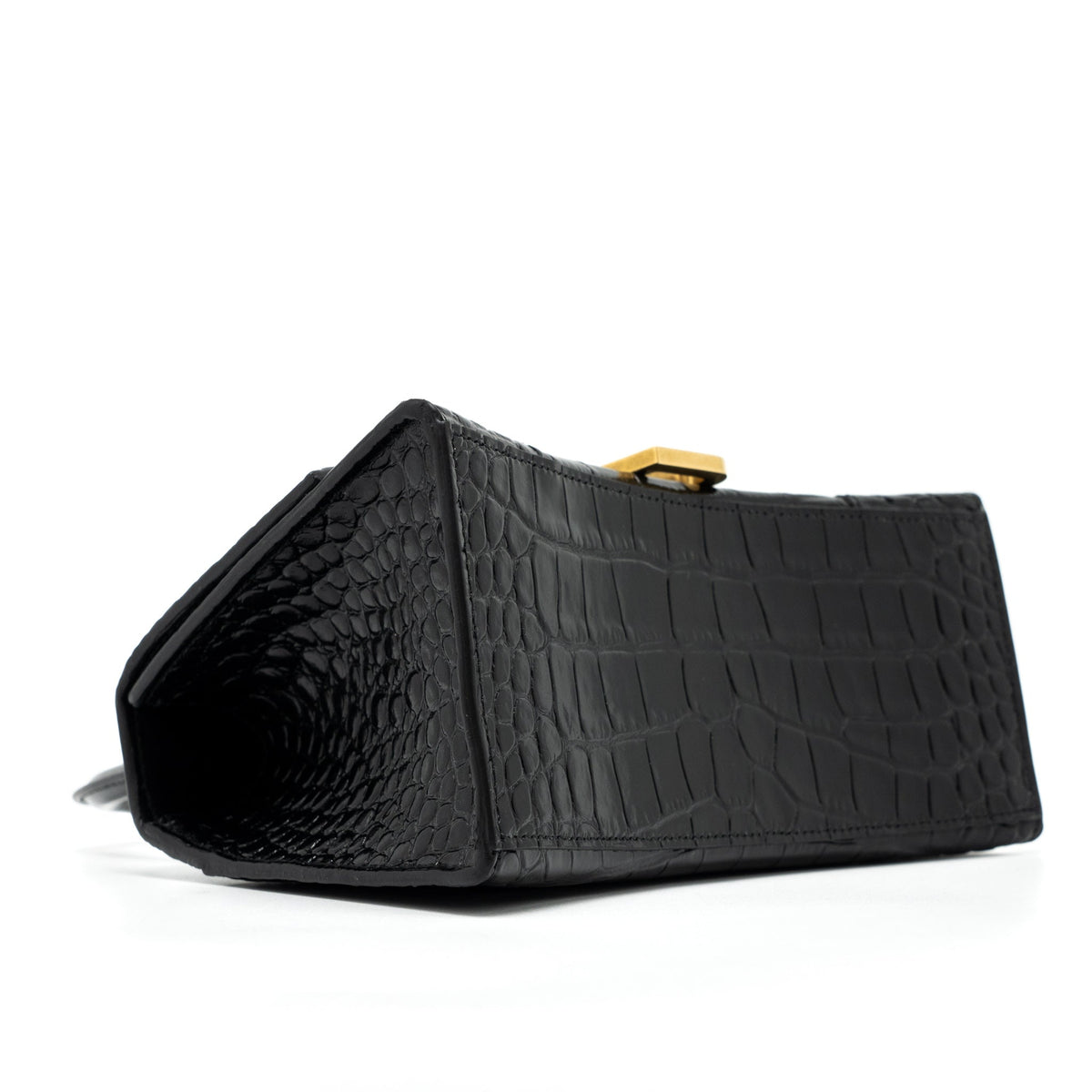 Balenciaga Hourglass Small Handbag Croc Embossed Calfskin Black GHW | Designer Top Handle Bag