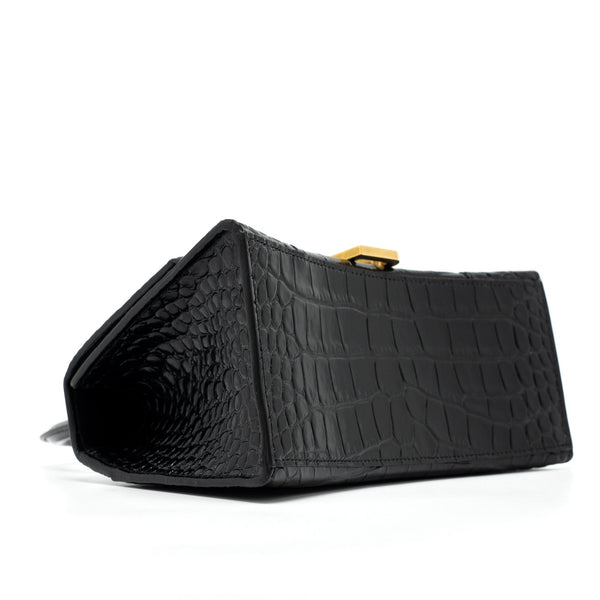 Balenciaga Hourglass Small Handbag Croc Embossed Calfskin Black GHW | Designer Top Handle Bag