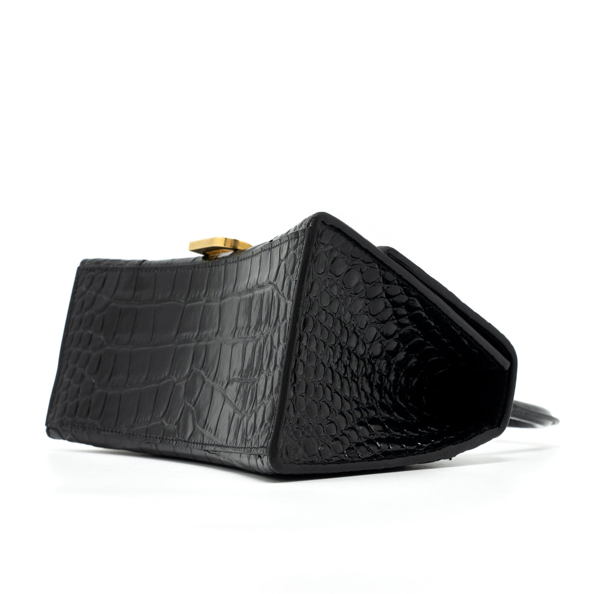 Balenciaga Hourglass Small Handbag Croc Embossed Calfskin Black GHW | Designer Top Handle Bag